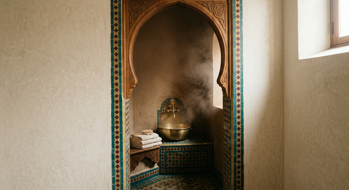 Intérieur de hammam marocain, arche et bassin en laiton — MAROCCAN TAZURIT
