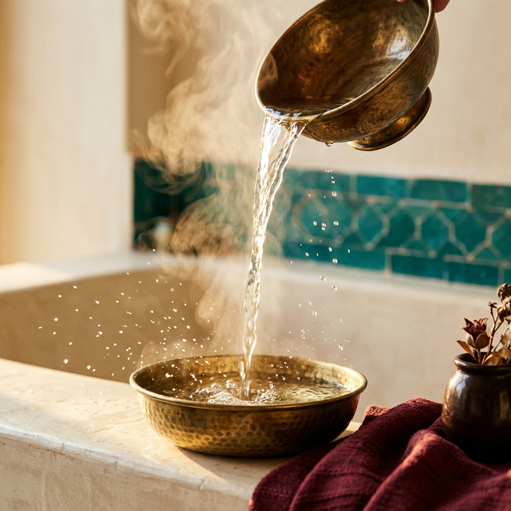 Eau versée d’un bol en laiton — rituel hammam marocain